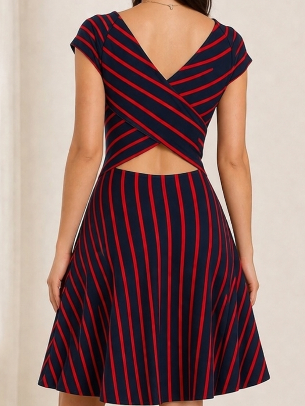 Market & Spruce Striped Knit Dress Navy Red Fit & Flare Open Back Stretch Large - Picture 5 of 8
